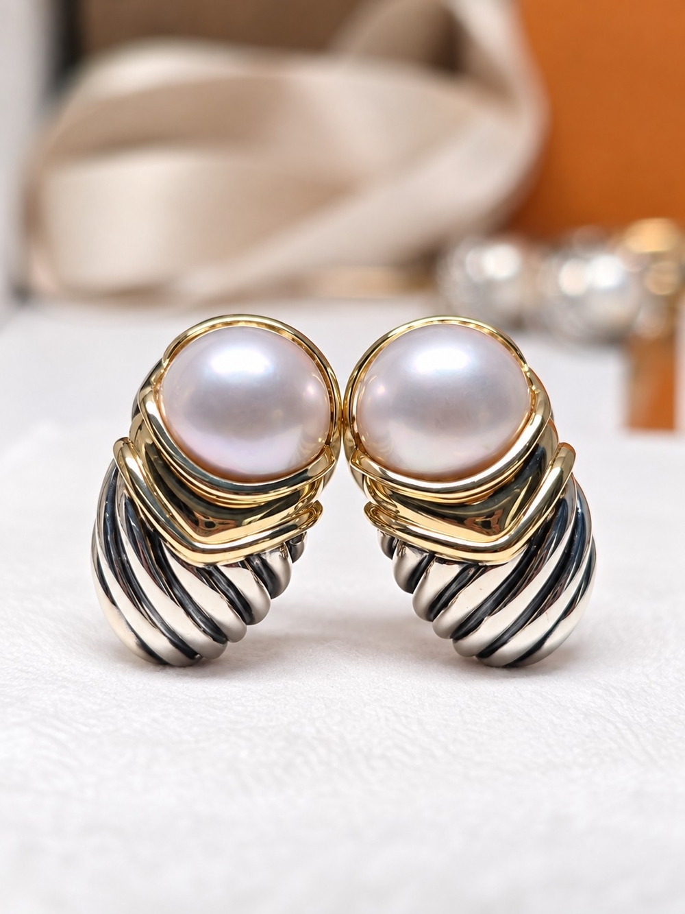 David Yurman Shrimp Pearl Earrings Sterling Silver & Gold Omega Backs